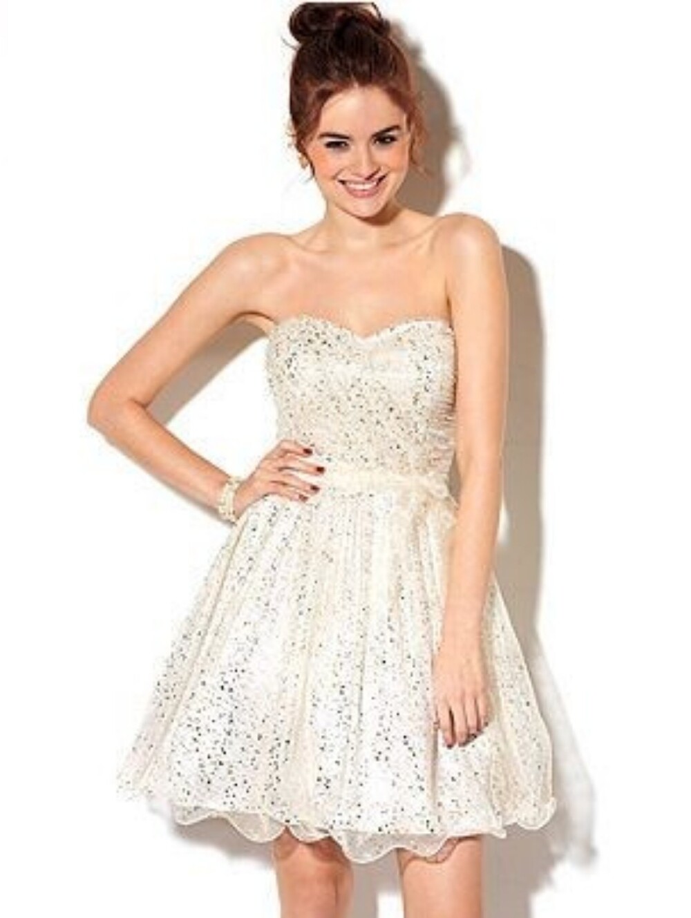 Morgan & Co. Sparkling Cream Strapless Sweetheart Dress